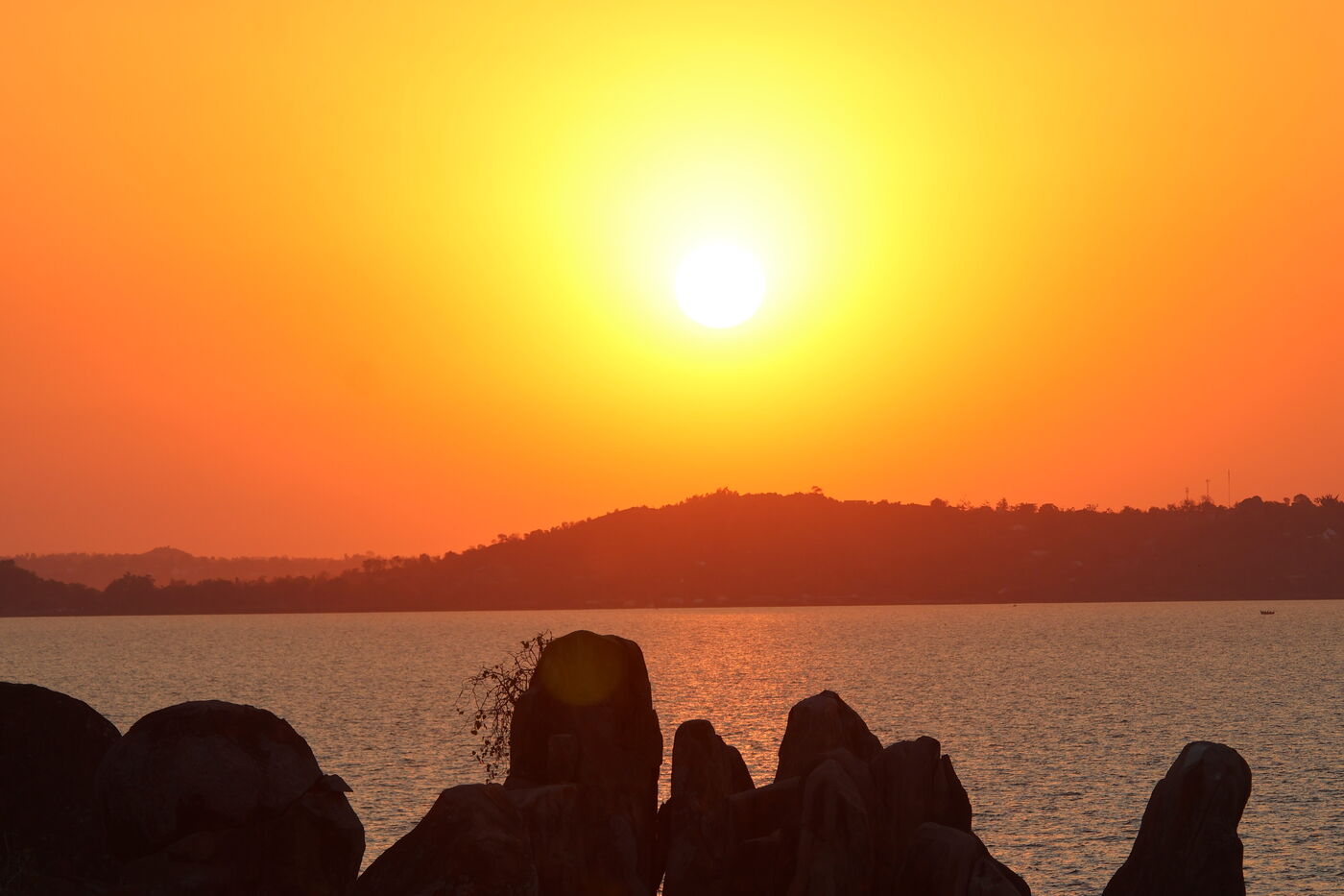 Lakeside hills of Mwanza seen across the water of Lake Victoria, Tanzania